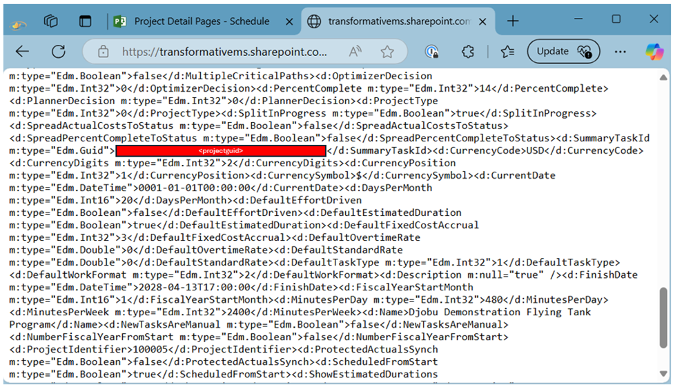 Browser displaying raw XML output returned by the ProjectServer REST API project endpoint