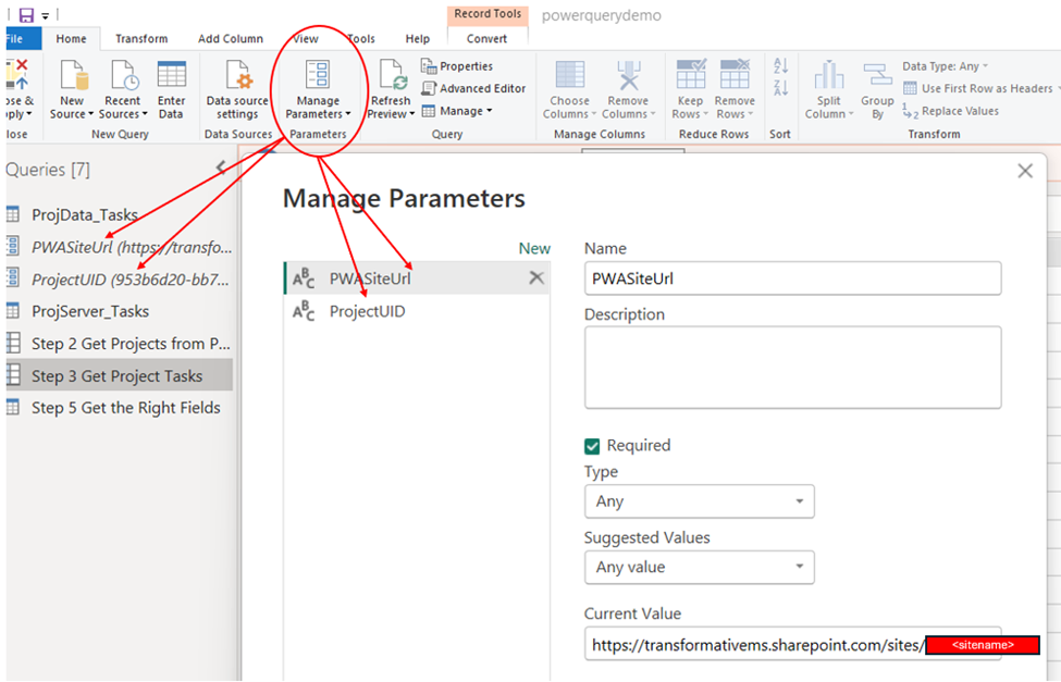 Power Query parameters panel showing PWA site URL and Project UID defined as reusable query parameters