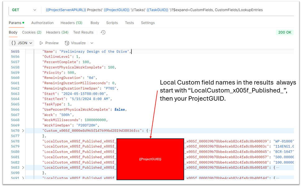 JSON result set showing task custom fields listed with internal name codes and their associated values