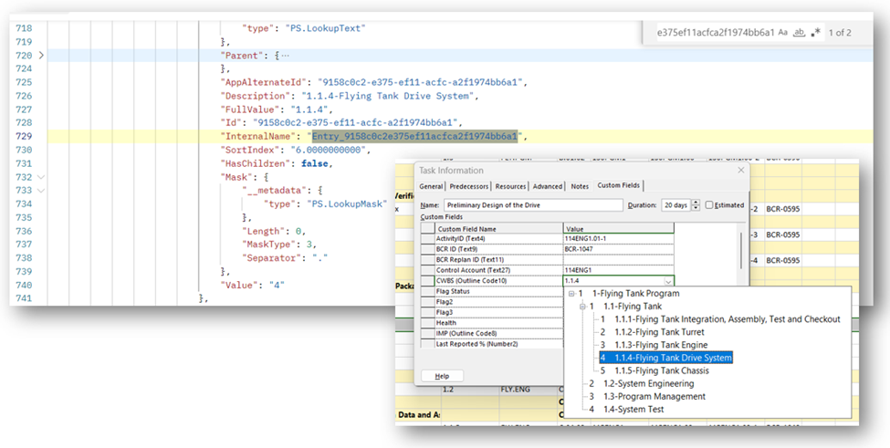 JSON result showing the lookup table entry resolved to its human-readable CWBS value, matching the value shown in Project Desktop